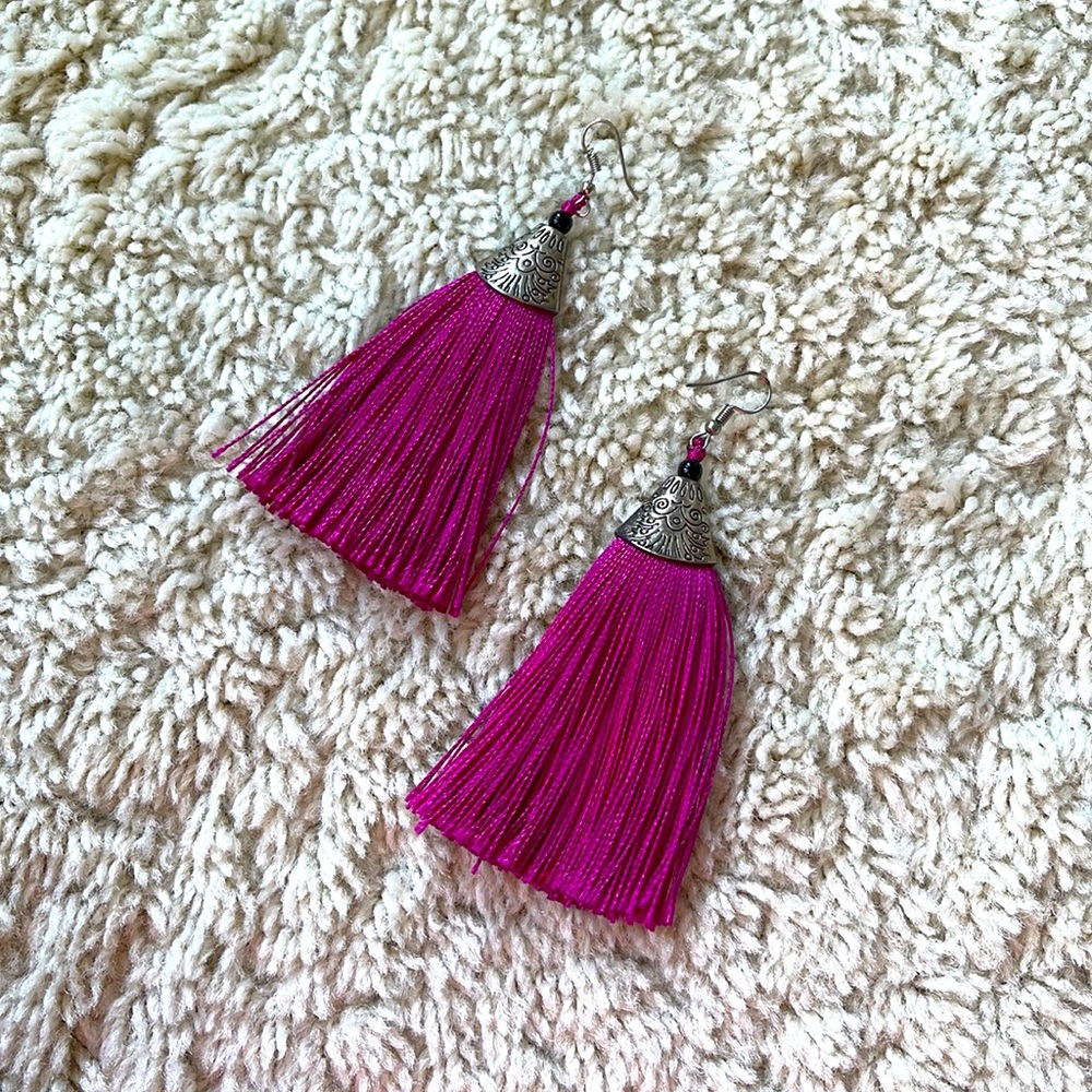 NWT MANGO Silver Tone Concho Dangle Earrings with Pink Tassels
